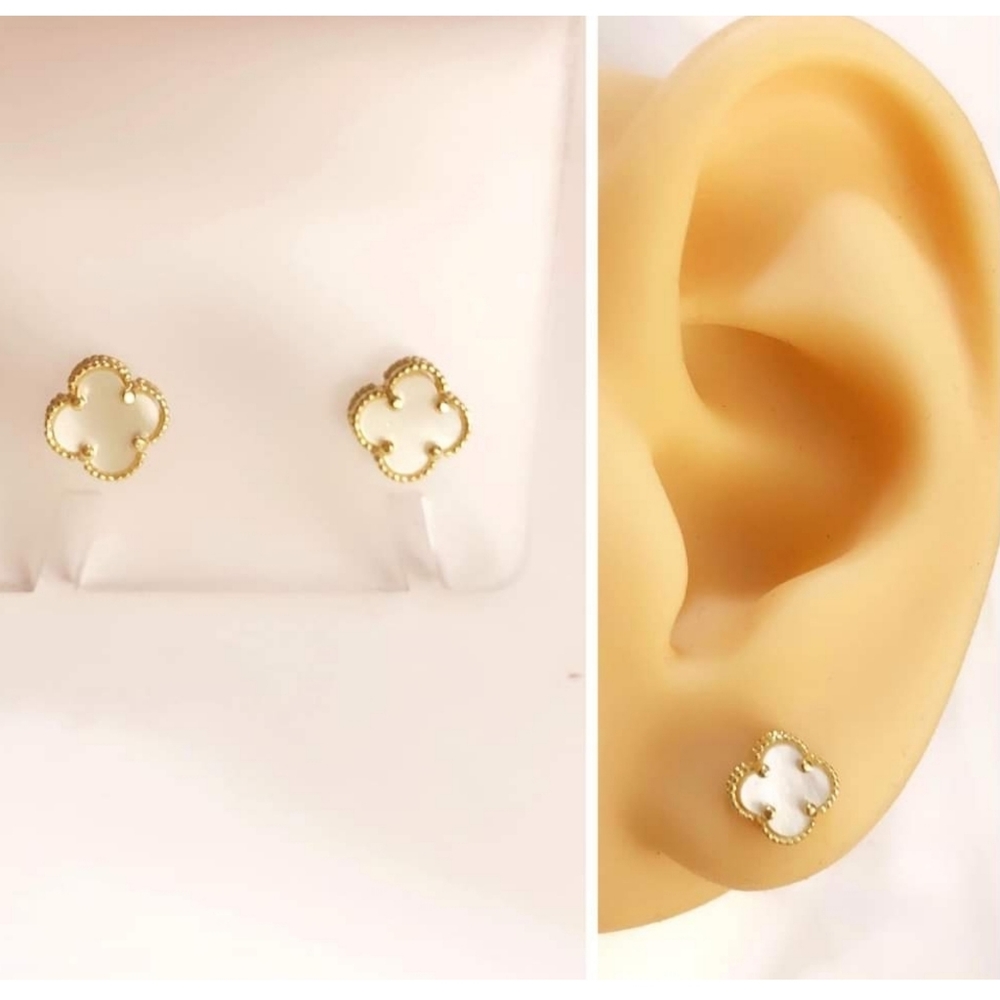 Authentic Real 18k Solid Yellow Gold VCA White Alhambra Inspired Earrings